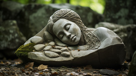 a stone woman peacefully rests amidst stacks of rocks and stones, showcasing the artistry of organic sculpting. this unique and one-of-a-kind piece features lush and detailed craftsmanship, creating a tranquil gardenscape. the whimsical portrait captures the serene face of the restored and repurposed stone figure. ai generatedの素材