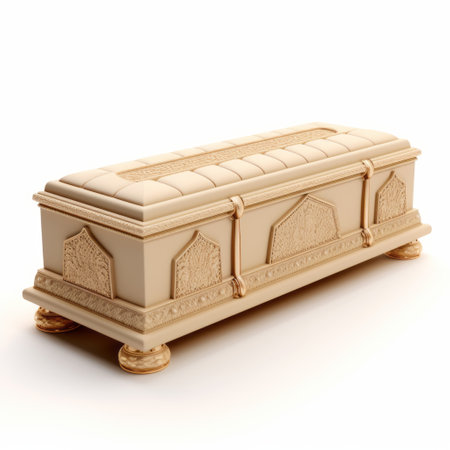 a caricature casket mockup inspired by ottoman art, featuring a light beige and gold color scheme. created using octane render, this eerie piece showcases symbolic elements and incorporates common materials. the carved surfaces add depth and texture, while the white background enhances the overall presentation. ai generatedの素材