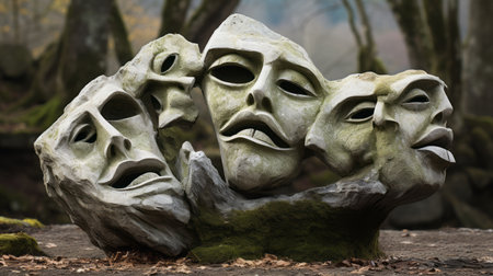 three stone faces covered in moss, showcasing surrealistic fantasy and caravaggesque style. these captivating sculptures evoke raw emotions and surreal theatrics, reminiscent of site-specific art. with their emotional storytelling, they transport viewers into a world inspired by the brothers grimm. ai generatedの素材