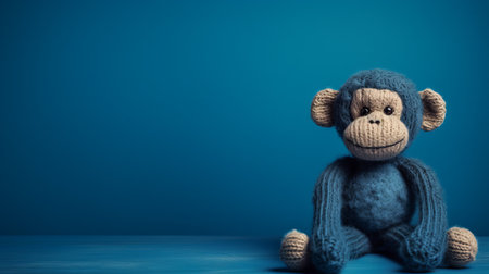 white monkey sitting on a table against a blue background. the image features a knitted and crocheted style with minimalist dark turquoise and dark gray backgrounds. this uhd image is digitally enhanced, giving it a creased appearance and toy-like proportions. ai generatedの素材