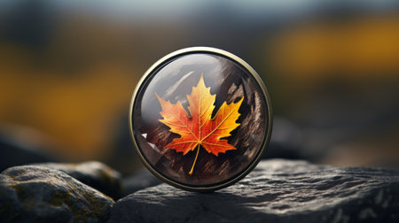 an autumn leaf ring rests on a rock, showcasing the iconic americana style. this photorealistic rendering captures the intricate details of the leaf. the back button focus technique ensures sharpness. crafted from glass, the ring embodies contemporary canadian art. its dark gold and orange hues evoke the beauty of inclement weather. ai generatedの素材