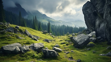 a breathtaking photo of a spring forest in the mountains, serving as a stunning backdrop to the sky and rock formations. this uhd image captures the post-apocalyptic essence with its misty atmosphere and epic fantasy vibes. the zeiss batis 18mm f2.8 lens beautifully enhances the details, making it a contest-winning masterpiece. ai generatedの素材
