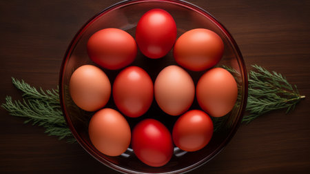 a bowl filled with red easter eggs and a christmas fir tree, showcasing subtle color gradations and the aesthetics of the farm security administration. the photo features bold colorism, clear edge definition, and a combination of light red and dark orange hues. the matte finish enhances the simplified colors, creating a visually striking composition. ai generatedの素材