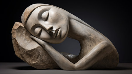 a captivating stone sculpture of a woman peacefully sleeping on a statue, showcasing the elegance and emotive faces of faith-inspired art. this maya-rendered artwork beautifully captures the essence of human connection and emotional expression, drawing inspiration from maranao art. ai generatedの素材