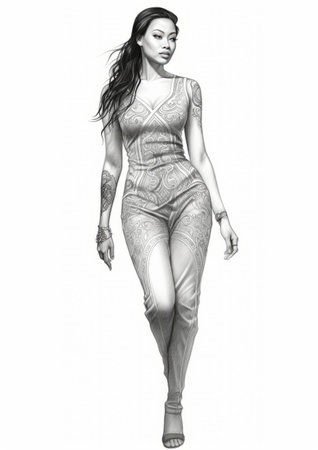 a fashion sketch-style drawing of a woman with intricate tattoos adorning her body. the artwork, created by ahmed morsi, showcases hyper-detailed and realistic renderings in white and silver tones. the elongated figures in the drawing resemble the style of jean-jacques avril, while also incorporating elements inspired by dc comics. ai generatedの素材
