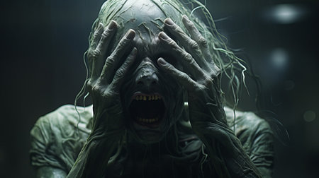 the photo features a green old creature in shock, with hands on top of its head. the image is in the style of hyper-realistic sci-fi, created by alessio albi using bryce 3d software. the photo has minimal retouching, giving it a grainy and tenebrous appearance. the bold and dynamic lines add to the overall impact of the image. andrew ferez is also associated with thisの素材