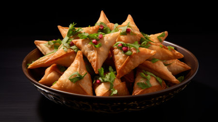small fried pistachio pancakes from vietnam are showcased in this captivating photo. against a dark background, the pancakes are arranged in a visually striking manner, reminiscent of intersecting planes found in mughal art. the composition exudes an orientalist vibe with jagged edges and is enhanced by soft, atmospheric lighting. cranberrycore adds a pop of color to this enticing image captured at iso 200. ai generatedの素材