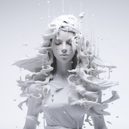 a woman sculpture made of white materials, featuring a face with white hair. this artwork showcases the unique style of textured splashes and 3d design by mike campau. the sculpture embodies fragmented figuration and flowing silhouettes, while also presenting a hyper-realistic representation. the white materials appear to be poured, adding an intriguing element to the overall composition. ai generatedの素材