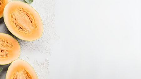 cantaloupe quarters with leaves on stone, featuring a minimalist background. this photo captures the essence of fragmented advertising and extravagant table settings. with a white background, it is perfect for minimalist imagery on websites. the light gray and teal tones add a touch of elegance to this visually appealing composition. ai generatedの素材