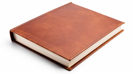 empty brown leather book isolated on white background stock photo. this photo, in the style of ed freeman and roni horn, captures the essence of long distance and deep distance. digitally enhanced with a hasselblad h6d-400c, the terracotta color and large-scale presence make this image truly captivating. ai generatedの素材