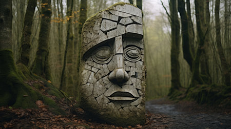 a stone carving in the forest, featuring conceptual portraiture, digital art techniques, masks, and totems. captured with a hasselblad 1600f camera, the image showcases 8k resolution and texture-rich landscapes. the stone carving stands out with its punctuated caricature design. ai generatedの素材