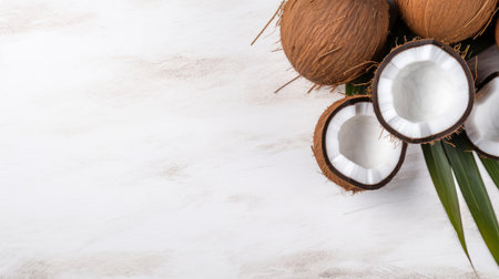 a half coconut, split into two parts, rests on a white table alongside vibrant leaves. this rustic-inspired photo showcases expansive textures and is reminiscent of an advertisement. the layered fibers and soft-edged details create a simplified yet bold aesthetic. ai generatedの素材