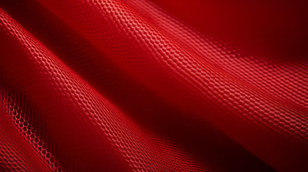 a red fiber mesh background, reminiscent of the lensbaby velvet 56mm f16 style, provides a captivating backdrop for text, fabric, and patterns. inspired by the works of santiago calatrava, the image showcases eye-catching details and the figura serpentinata concept. with influences from serge najjar's photography, the intense close-ups reveal soft crosshatchings, adding depth and texture to the composition. ai generatedの素材