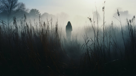 a mysterious susan walks through the autumn grass on a cold morning in this marsh instamatic lo-fi photo. the image captures a distant marsh and silhouettes of tall trees, enveloped in thick fog. the cold blue tones add to the ethereal atmosphere of the scene. ai generatedの素材