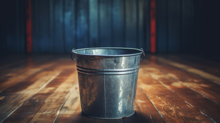 a blue bucket sits on the wooden flooring of a dark room, surrounded by a light silver and light maroon color scheme. the industrialization theme is evident through faded palates and hints of light silver and orange. this vintage-inspired image is available under the creative commons attribution license. ai generatedの素材