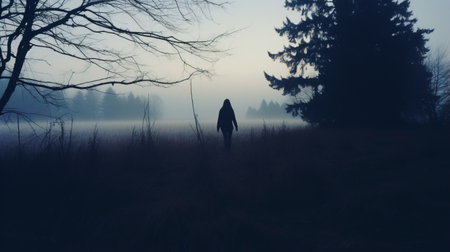 mysterious megan walks through autumn grass on a cold morning, captured in an island instamatic lo-fi photo. a distant island looms ahead as tall tree silhouettes emerge from the fog. the cold blue tones add to the atmospheric ambiance. ai generatedの素材