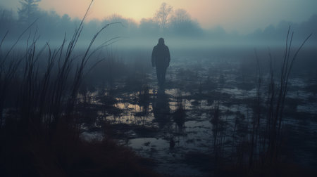 a mysterious william walks through the autumn grass on a cold morning in this swamp instamatic lo-fi photo. the image captures a distant swamp and silhouettes of tall trees, all enveloped in thick fog. the cold blue tones add to the eerie atmosphere of the scene. ai generatedの素材