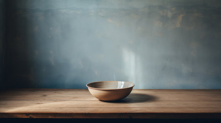a bowl, in the style of dark beige and light azure, is placed on a wooden table on the floor. the photo, captured by mikko lagerstedt and inspired by valentin de boulogne, showcases rustic simplicity and lively tableaus. the darktable processing enhances the matte background, creating a captivating composition. ai generatedの素材