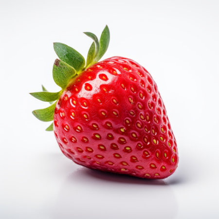 a vibrant strawberry captured with the exacting precision of the carl zeiss distagon t 15mm f/2.8 ze lens. the monochromatic color scheme highlights the intense color saturation and vibrant color gradients, creating an eye-catching detail on the white background. ai generatedの素材