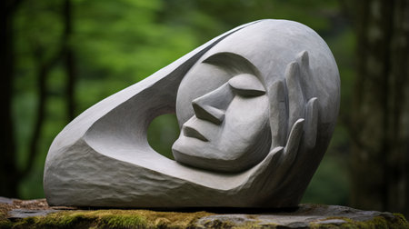 a wood carving by sarah dillan slack, depicting edward bird in the style of organic stone carvings. this emotional expressionism artwork showcases trapped emotions with a tranquil serenity. the shallow depth of field adds depth to the outdoor art, reminiscent of tarsila do amaral's work. ai generatedの素材