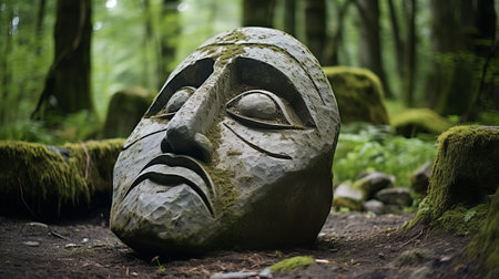 a large face, covered in moss, stands out in the forest. this unique sculpture combines elements of contemporary archaeological, celtic art, and whistlerian styles. with its jarring figurative features, it resembles a punctuated caricature. this national geographic photo captures the essence of this online sculpture, showcasing its intriguing and captivating presence in nature. ai generatedの素材