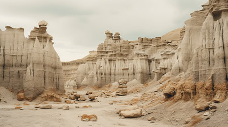 high cliffs in a desert with rock formations, resembling marta bevacqua's style. light beige and gray hues create a whimsical wilderness. captured on an olympus xa2, this photo showcases naturalistic cityscapes and colorful woodcarvings. shot on 70mm, it captures the grandeur of the landscape. ai generatedの素材