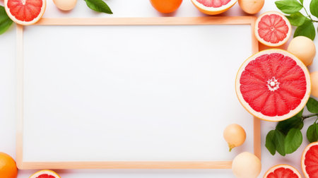 a blank photo frame rests on a piece of paper, surrounded by a vibrant arrangement of lemons, grapefruits, oranges, and eggs. the composition showcases a light pink and red color scheme, reminiscent of neo-geo minimalism. the use of bentwood and raw materials adds a touch of natural elegance. this high-resolution uhd image features a clean white background, perfectly complementing minimalist stage designs. ai generatedの素材