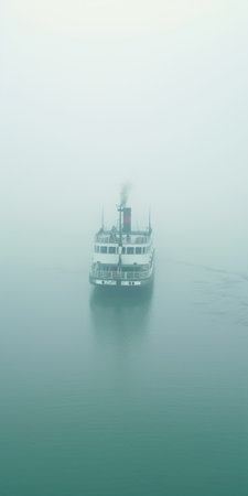 a small boat emerges from the fog, showcasing the carnivalesque style with its photorealist details. this captivating photograph, captured in 8k resolution, is reminiscent of the renowned vancouver school. the gray and aquamarine tones add a serene and mysterious atmosphere, evoking a sense of tranquility. the image also carries a subtle nod to the western zhou dynasty, adding a touch of historical significance to theの素材