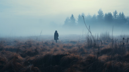 a person walks through a foggy field, evoking a dystopian landscape. the scene captures the essence of romanticized depictions of wilderness, reminiscent of scottish landscapes. the somber mood is enhanced by lens flares, creating a narrative-driven visual storytelling experience that feels like a dark fairy tale. ai generatedの素材