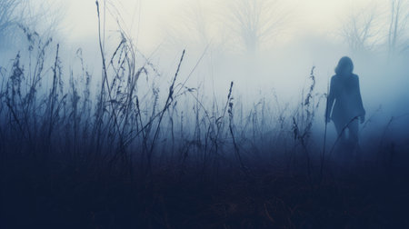a mysterious sarah walks through the autumn grass on a cold morning in a forest. the instamatic lo-fi photo captures the distant forest, with tall tree silhouettes and a thick fog creating a cold and atmospheric scene. the photo is characterized by its cold blue tones. ai generatedの素材