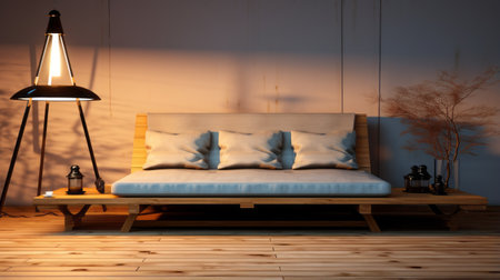 a 3d bed and lamp, rendered in unreal engine, showcase a rustic materiality with a golden light. the minimalist photography captures the living materials in a light sky-blue and amber color palette. this stunning photo was taken with a nikon d750, highlighting the intricate details and craftsmanship of the design. ai generatedの素材