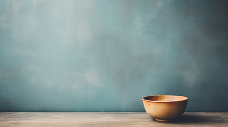 wooden table with light blue walls and a small cup, featuring grungy texture and experimental pottery. the flat backgrounds and muted earth tones create a unique aesthetic. inspired by the works of yukimasa ida, the matte background in light indigo and dark amber adds depth to the composition. ai generatedの素材
