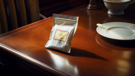 a tea bag and teapot are elegantly placed on a wooden table, exuding a sense of luxurious opulence. the smooth surfaces and carefully chosen lighting enhance the overall aesthetic. this photograph, captured using fujifilm eterna 160t type 8531 film, showcases the artistic influences of edward moran and mark keathley. the composition is softly organic, with hidden details waiting to be discovered. ai generatedの素材
