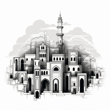 a cityscape photograph showcasing old buildings, a mosque, and a tower in the background. the image is presented in a monochrome abstraction style, highlighting detailed character design and traditional essence. the concrete art elements blend with intricate weaving, creating multi-layered figures. the composition is captured using a wide-angle lens, offering a captivating view of the city. ai generatedの素材