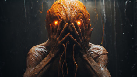 an orange old creature in shock, with hands on top of its head, is depicted in this hyper-realistic sci-fi style photo by alessio albi. the white text adds to the dramatic effect of the image. created using bryce 3d software, the photo features minimal retouching and a grainy, tenebrous aesthetic. the bold and dynamic lines enhance the overall impact of the composition, as seen inの素材