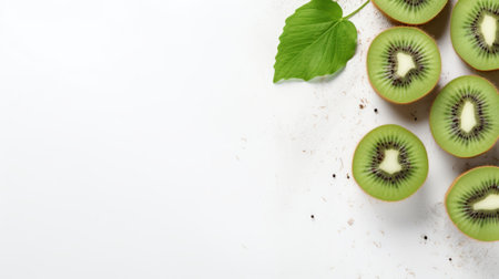 slices of kiwi fruit arranged in a top view on a white background. this nature-inspired composition showcases the vibrant green and black colors of the kiwi. the image is captured in the style of minimalistic japanese design, with an innovative page layout. the uhd resolution enhances the details of this kitchen still life photograph. ai generatedの素材