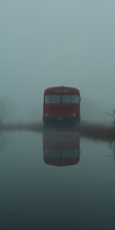 a bus floats in a vast expanse of foggy water, creating a moody tonalism scene. the image captures the essence of southern gothic and the serene beauty of the english countryside. shot with a rollei prego 90, this interactive artwork on flickr showcases a unique blend of light red and cyan tones. ai generatedの素材