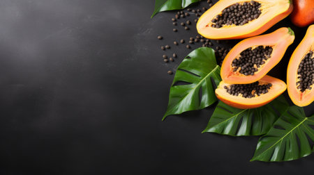 papayas with seeds and leaves are showcased on a striking black background. this vibrant still life composition captures the essence of exotic tropical fruit. the minimalist style and commercial imagery make it a visually appealing choice. the light orange hues and tropical symbolism add to the overall allure of the image. ai generatedの素材