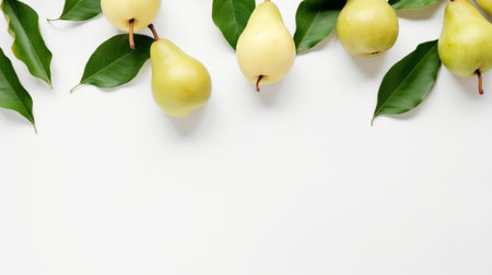 pears hanging on a white background with green leaves, showcasing organic forms merging with geometric shapes. the light yellow and beige tones create a visually pleasing contrast, while the texture-rich surfaces add depth to the image. captured with a ricoh gr iii, this minimalist composition combines natural and man-made elements, making it a captivating visual. ai generatedの素材