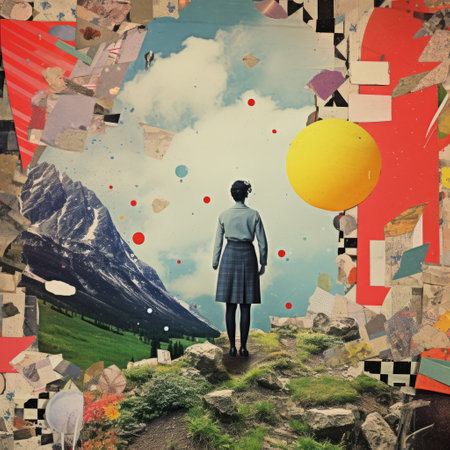 a person stands near a field, surrounded by a vibrant and surreal collage of multi-layered elements. the colorful composition combines pop culture references, vintage imagery, and feminine surrealist elements. the scene is enhanced by mountainous vistas, creating a visually captivating and dreamlike atmosphere. ai generatedの素材