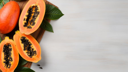 papaya halves on a board with leaves, featuring a minimalist background in shades of orange and gray. this commercial imagery showcases an innovative page design with bold black lines. the light beige and turquoise accents add a touch of elegance to this high-resolution uhd image. ai generatedの素材