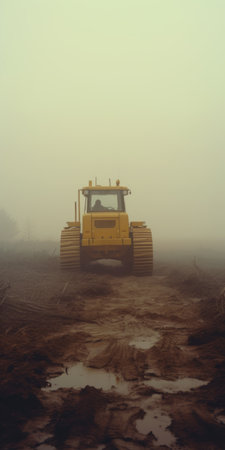 a photo of heavy equipment captured on a foggy day, reminiscent of patty maher's style. the image showcases a blend of dark yellow and light cyan tones, creating a narrative-driven visual storytelling experience. taken with a nikon d750, this photo highlights the importance of environmental awareness while offering a romanticized depiction of the wilderness. the pseudo-infrared effect adds an intriguing element to the composition. aiの素材