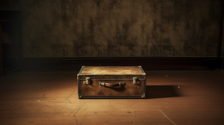 a suitcase placed on a wooden floor, showcasing baroque chiaroscuro style with soft edges and atmospheric effects. the mamiya rb67 captures the mottled light brown and brown tones, creating an unsettling emptiness. this photograph presents a humorous tableau, merging artistic elements with a sense of intrigue. ai generatedの素材