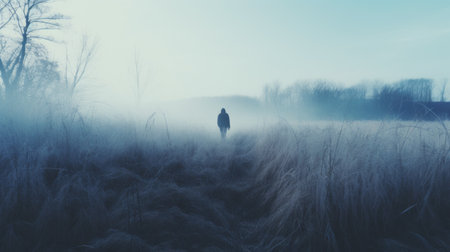 a person walks through a field of tall grass on a foggy day, in the style of dark cyan and blue. the photo captures a haunting landscape, depicting trapped emotions and a cold, detached atmosphere. this psychological terror image is reminiscent of the work of joel robison. ai generatedの素材
