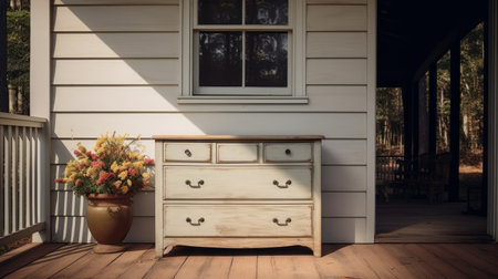 a dresser with subtle color gradations sits beside a porch adorned with flowers and plants. the american tonalist style is evident in the distressed and weathered surfaces of the dresser. captured on fujifilm pro 800z, the photo showcases traditional craftsmanship and exudes a cabincore aesthetic with its light yellow and dark gray tones. ai generatedの素材
