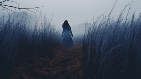a woman stands in a dark blue dress amidst tall grass, creating an ethereal horror atmosphere. the misty landscape and otherworldly setting evoke a sense of psychological terror. the contrasty lighting adds to the captivating documentary style of the photo, capturing the viewer's attention. ai generatedの素材
