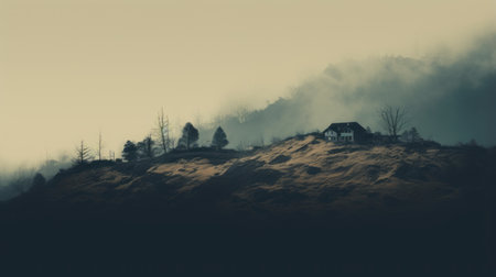 a foggy hill on a mountain showcases a house in the style of cross-processing. the image, captured with a carl zeiss distagon t 15mm f2.8 ze lens, portrays delicately rendered landscapes with darkly romantic realism. the panorama highlights the contrasting shadows, reminiscent of japanese photography. ai generatedの素材