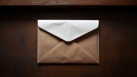 empty envelope close up on wooden table. brown precisionist style with a matte finish. dark bronze and white tones blend with dark beige and white. ai generatedの素材