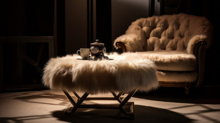 an orange coffee table and chairs are placed on a white sofa, accompanied by a white fur. this stylish setup, reminiscent of tamron 24mm f28 di iii osd m12, baroque chiaroscuro, aleksandr deyneka, and edwardian beauty, showcases a realistic still life with dramatic lighting. captured with a nikon d750, the luxurious fabrics add an extra touch of elegance to the composition. ai generatedの素材