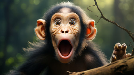 a small chimpanzee, captured in the style of daz3d, gazes wildly into the forest. with lively facial expressions and a hint of motion blur, this image by jeff danziger exudes youthful energy. as a contest winner, it perfectly captures the joyful chaos of the chimpanzee's surroundings. ai generatedの素材